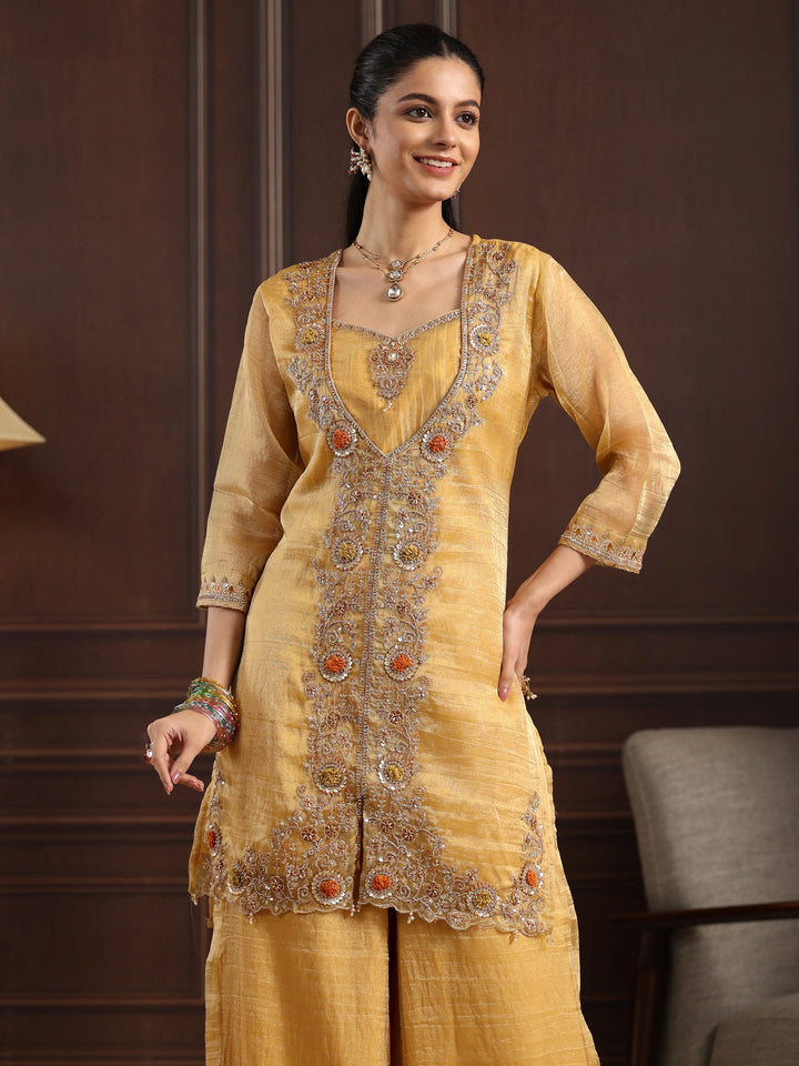Libas Art Yellow Floral Embroidered Tissue Palazzo Suit Set
