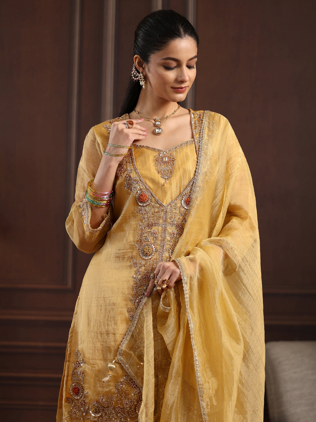 Libas Art Yellow Floral Embroidered Tissue Palazzo Suit Set