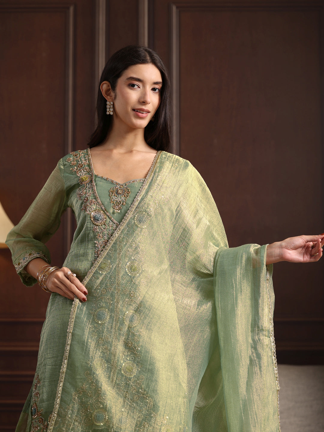 Libas Art Green Floral Embroidered Tissue Palazzo Suit Set