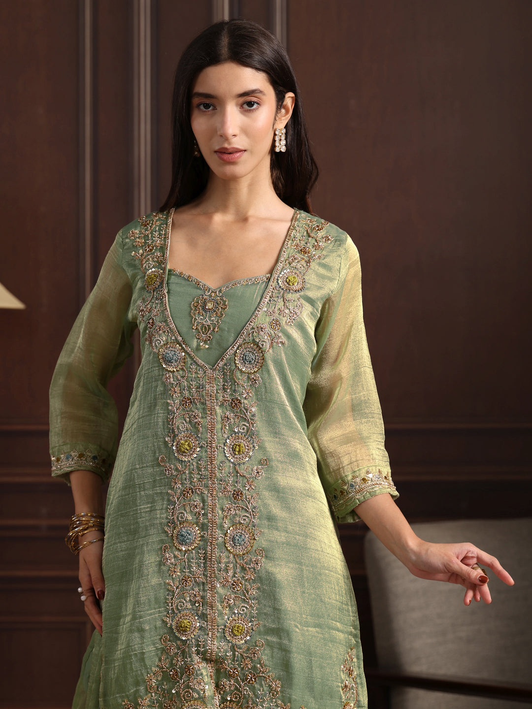 Libas Art Green Floral Embroidered Tissue Palazzo Suit Set
