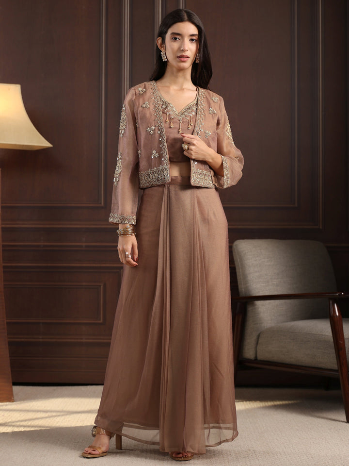Libas Taupe Embellished Jacket and Draped Skirt Tissue Co-Ord Set