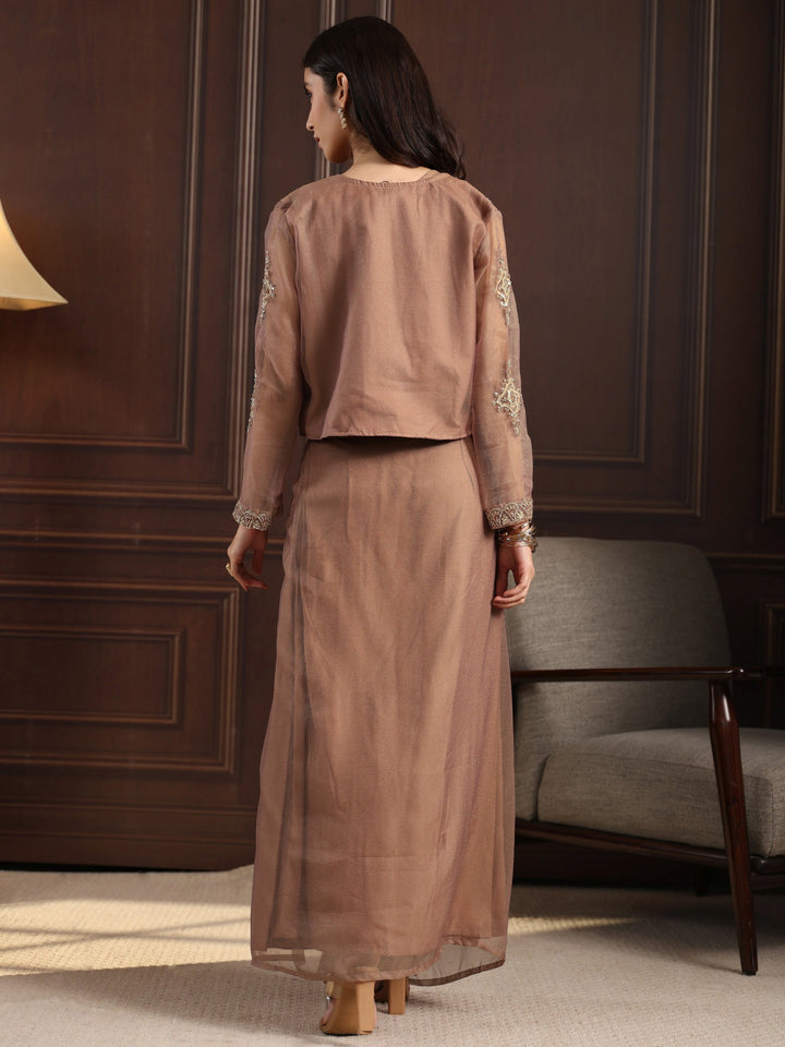 Libas Taupe Embellished Jacket and Draped Skirt Tissue Co-Ord Set