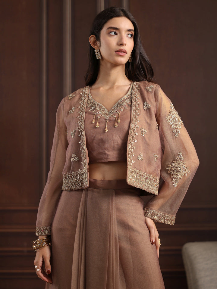 Libas Taupe Embellished Jacket and Draped Skirt Tissue Co-Ord Set