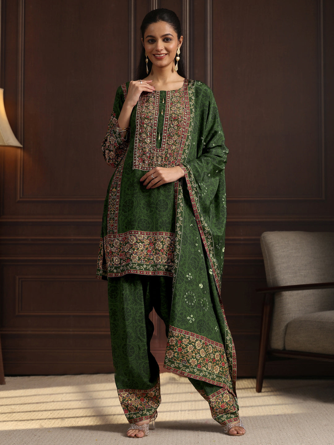 Libas Art Green Floral Printed Muslin Farshi Salwar Suit