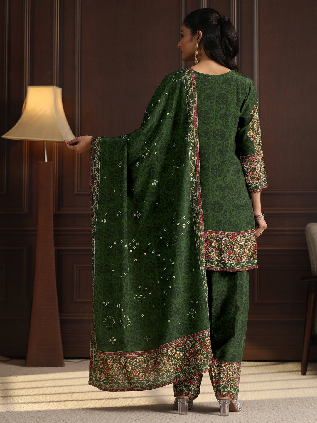 Libas Art Green Floral Printed Muslin Farshi Salwar Suit