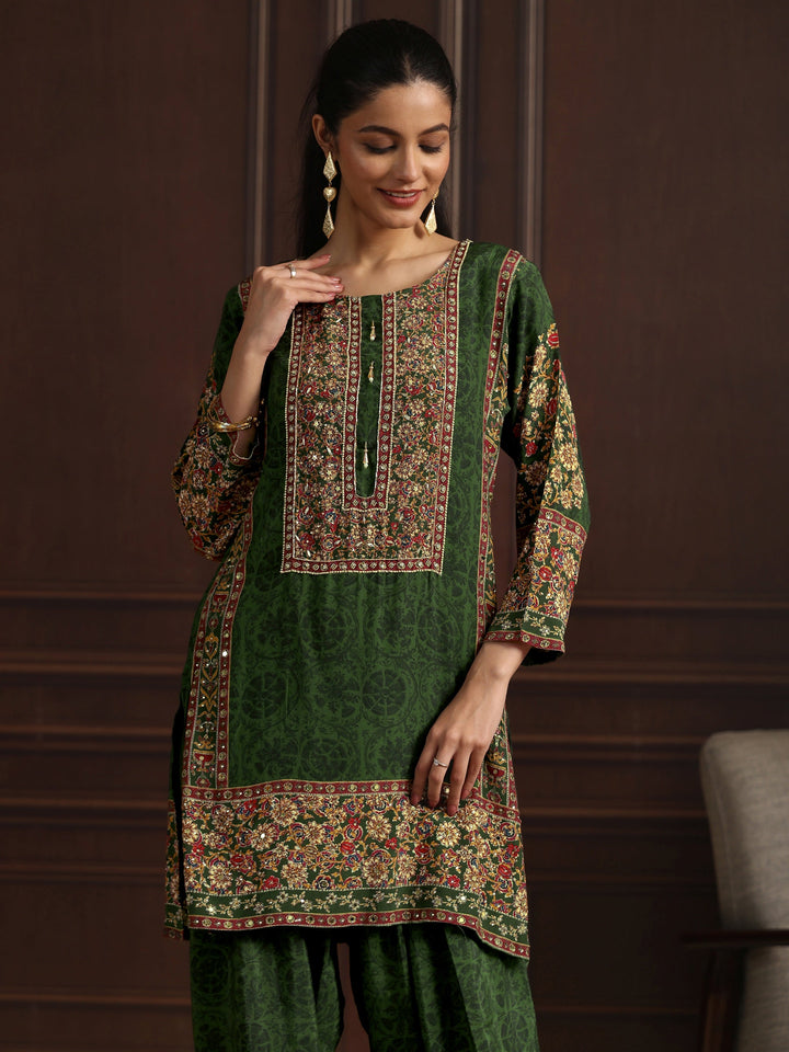 Libas Art Green Floral Printed Muslin Farshi Salwar Suit