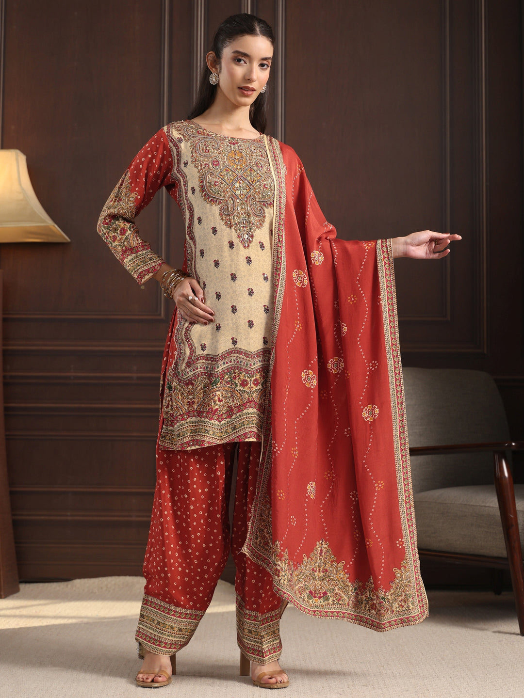 Libas Art Red Floral Printed Muslin Farshi Salwar Suit