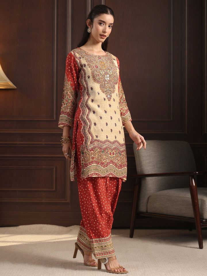 Libas Art Red Floral Printed Muslin Farshi Salwar Suit