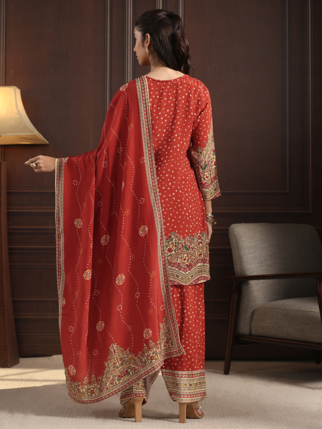 Libas Art Red Floral Printed Muslin Farshi Salwar Suit