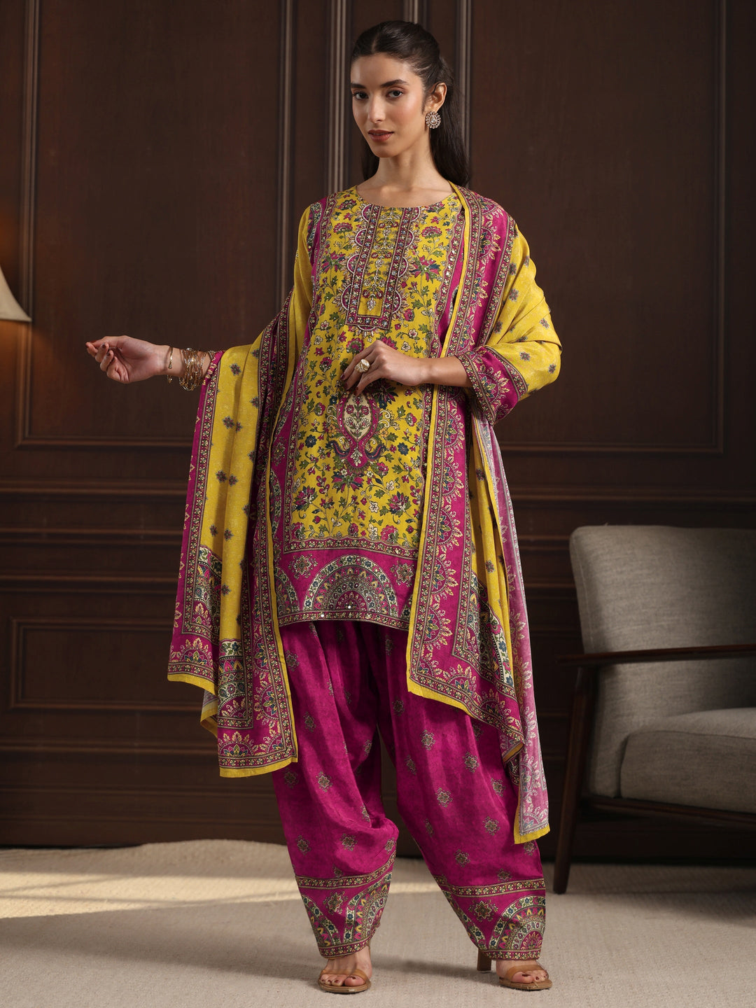 Libas Art Mustard Floral Printed Muslin Farshi Salwar Suit