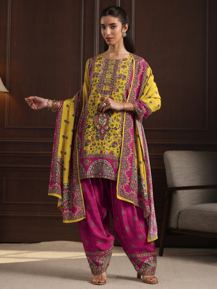 Libas Art Mustard Floral Printed Muslin Farshi Salwar Suit