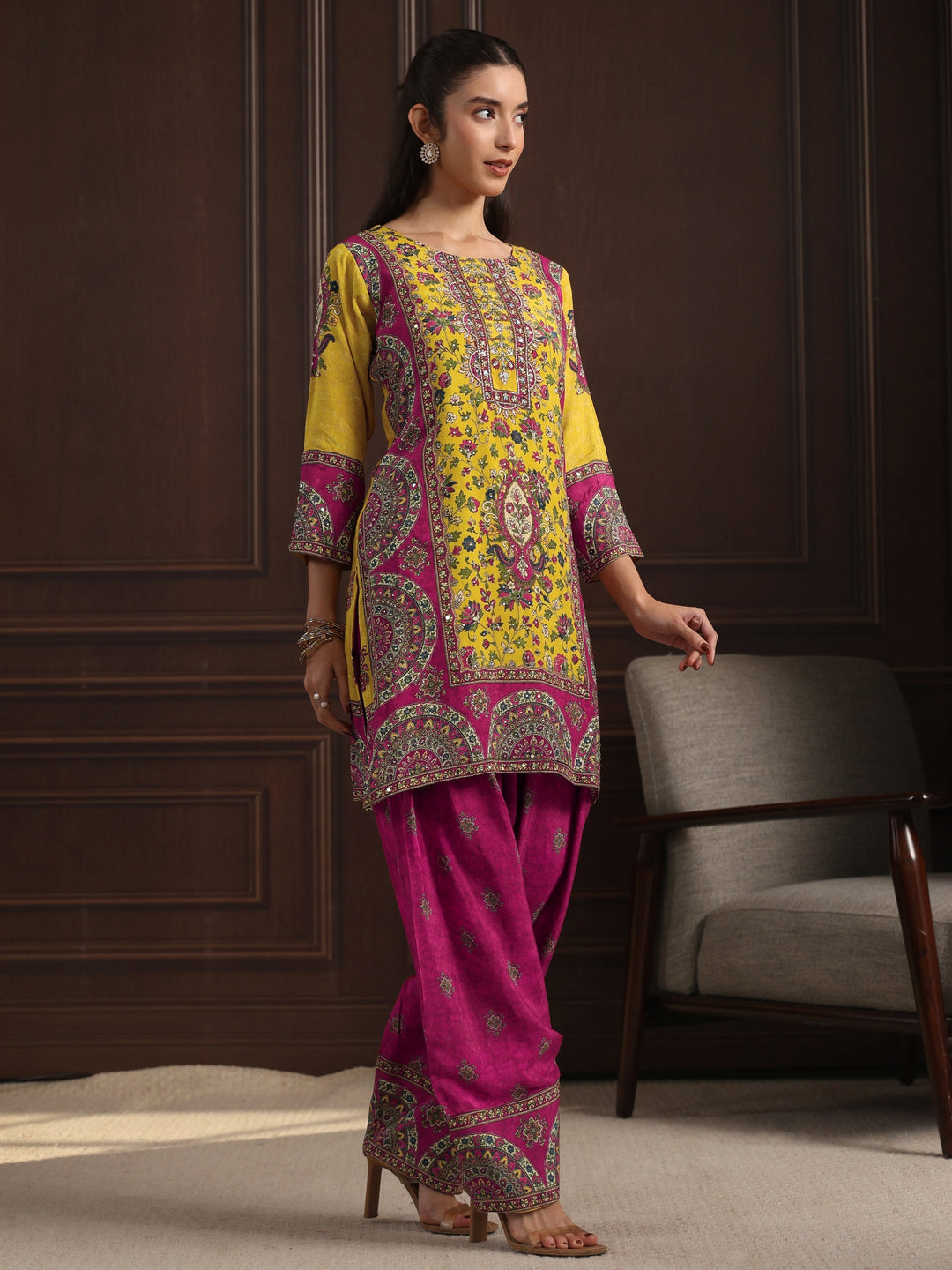 Libas Art Mustard Floral Printed Muslin Farshi Salwar Suit