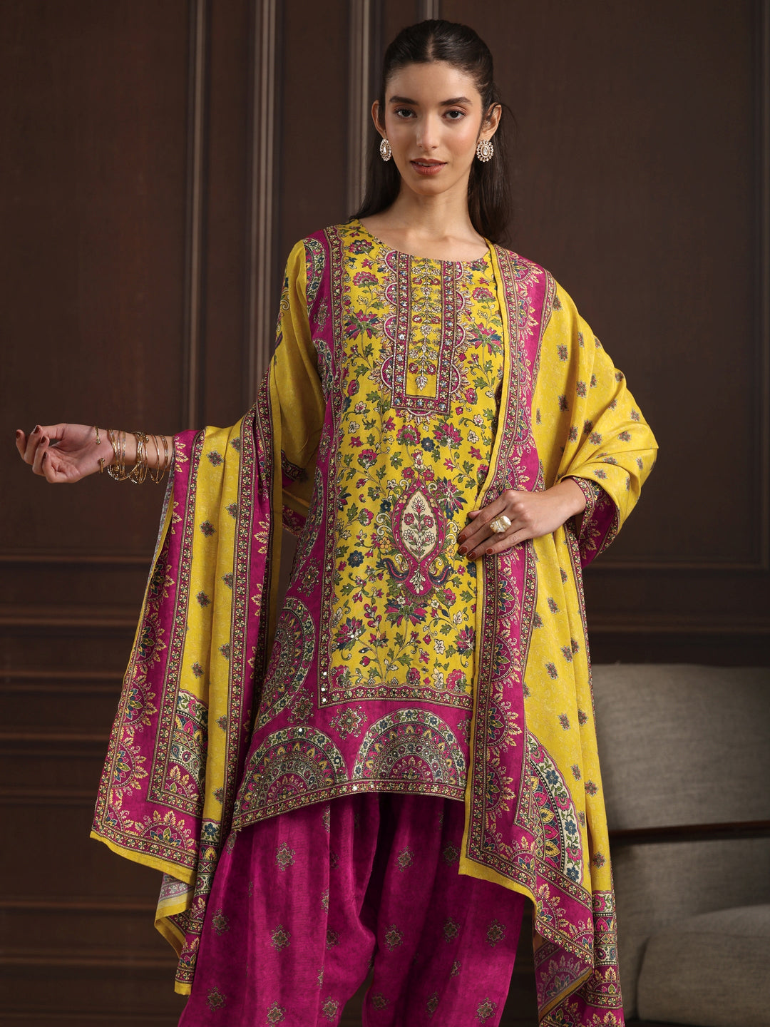 Libas Art Mustard Floral Printed Muslin Farshi Salwar Suit