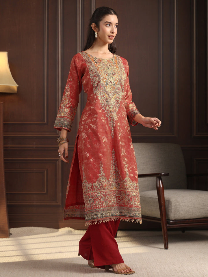 Libas Art Red Floral Embroidered Chanderi Silk Straight Suit Set