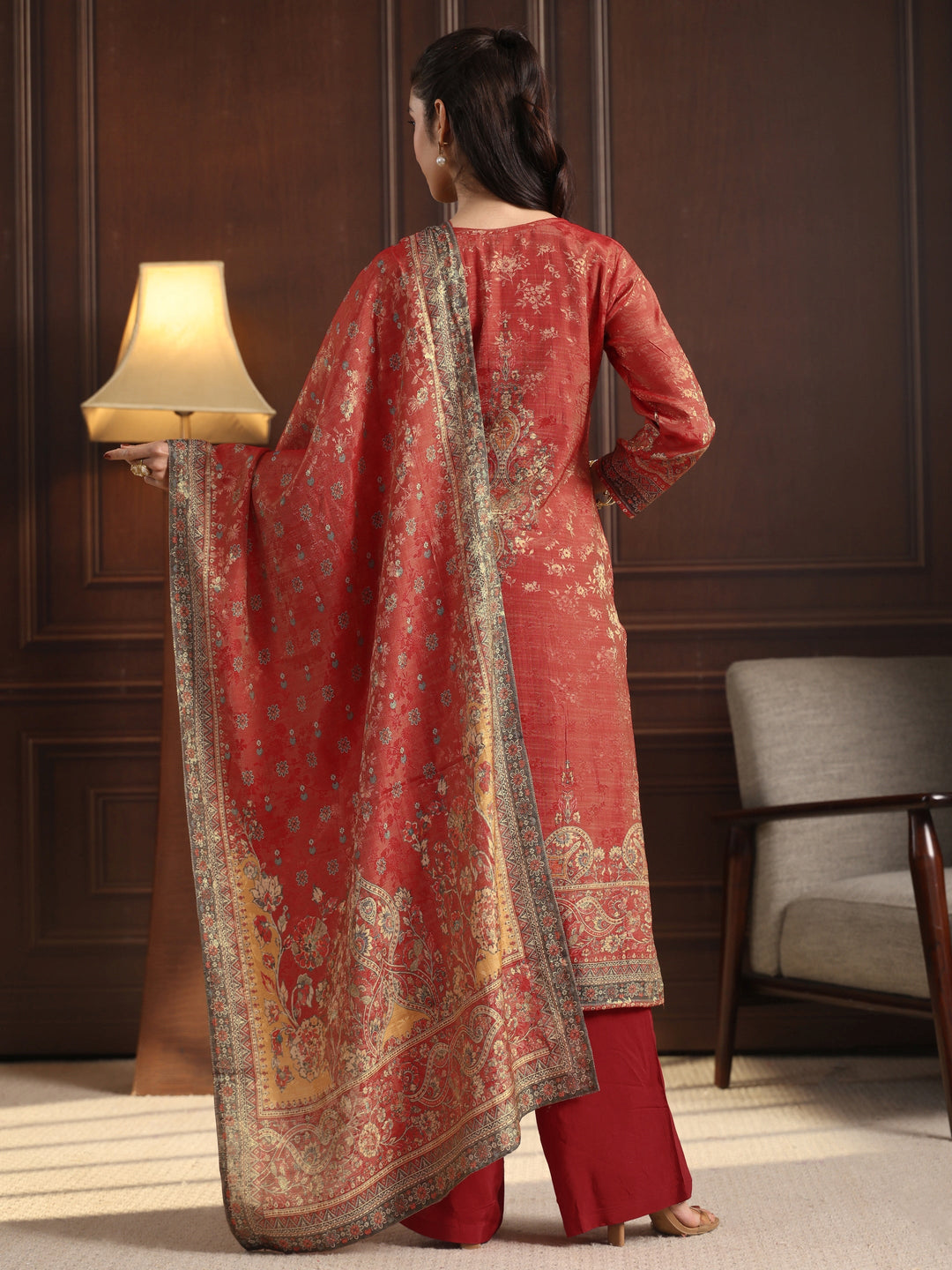 Libas Art Red Floral Embroidered Chanderi Silk Straight Suit Set