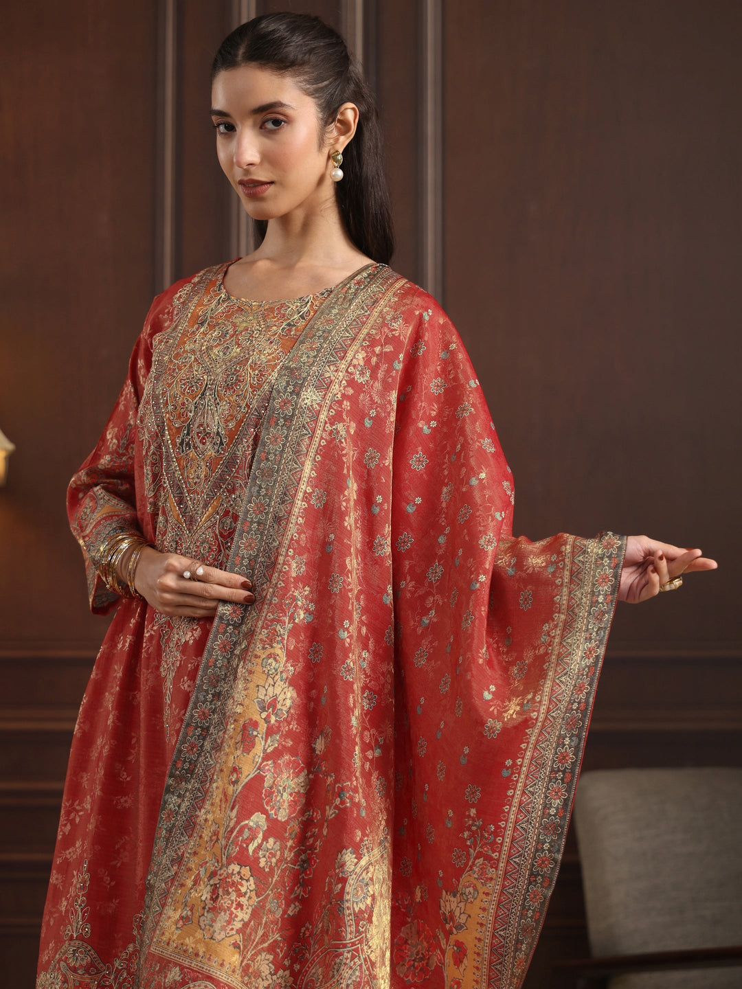 Libas Art Red Floral Embroidered Chanderi Silk Straight Suit Set