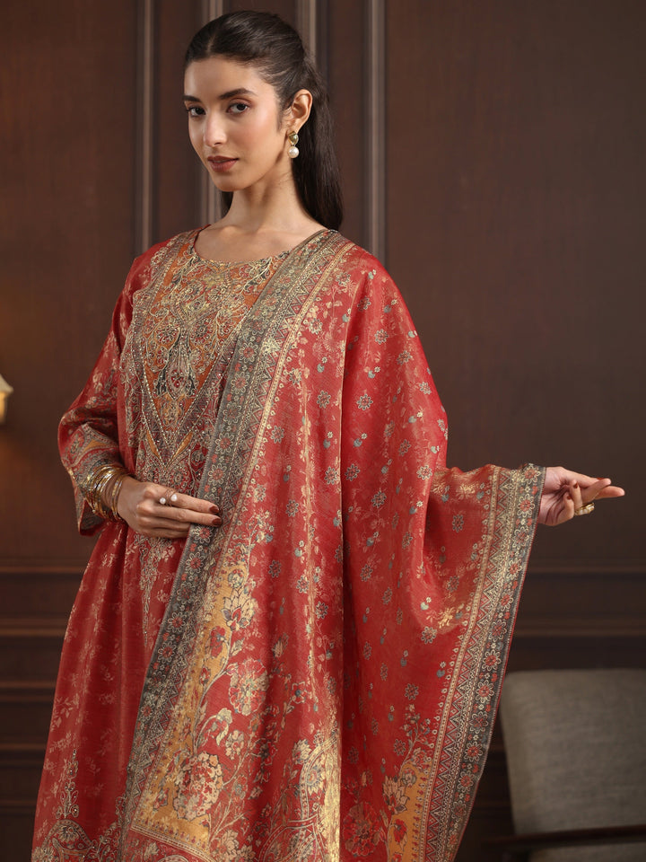 Libas Art Red Floral Embroidered Chanderi Silk Straight Suit Set