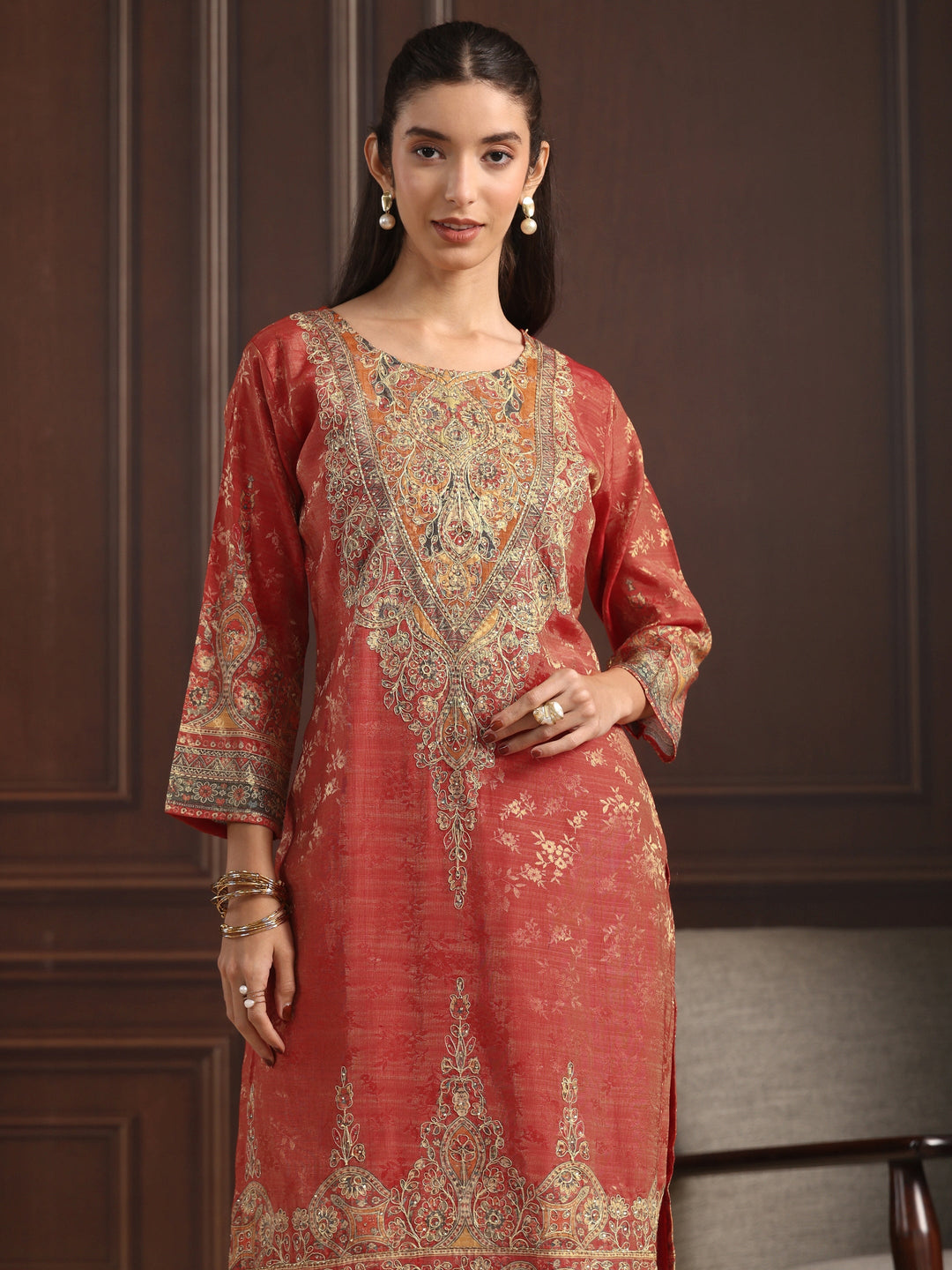 Libas Art Red Floral Embroidered Chanderi Silk Straight Suit Set