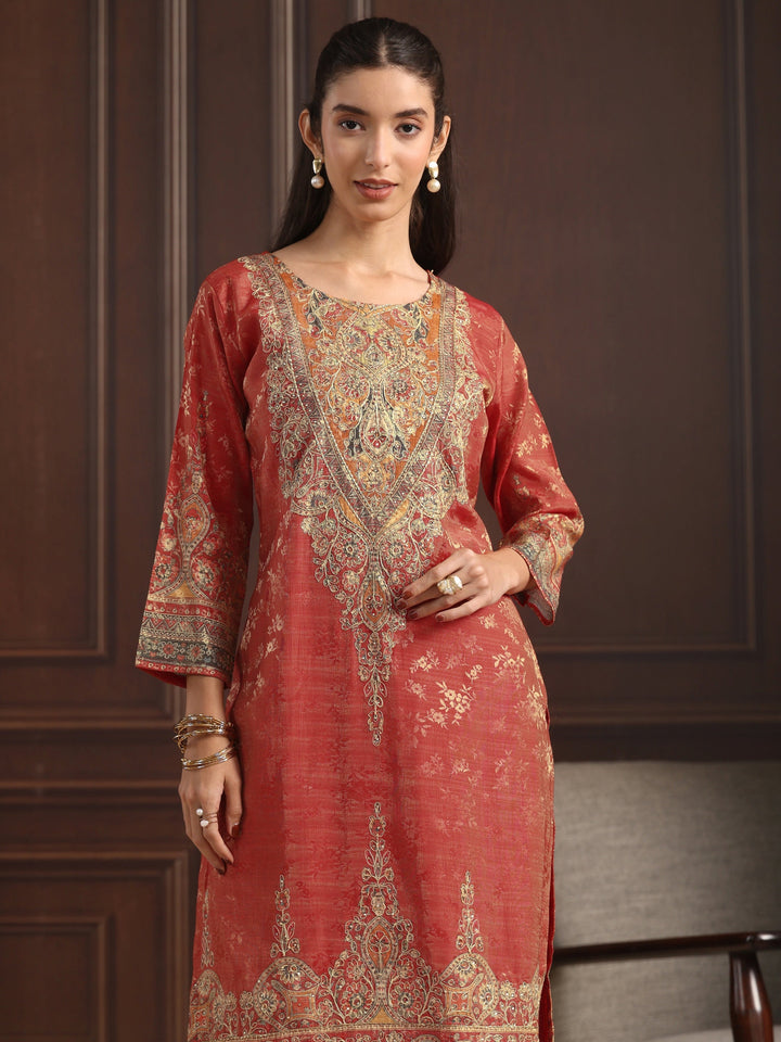Libas Art Red Floral Embroidered Chanderi Silk Straight Suit Set