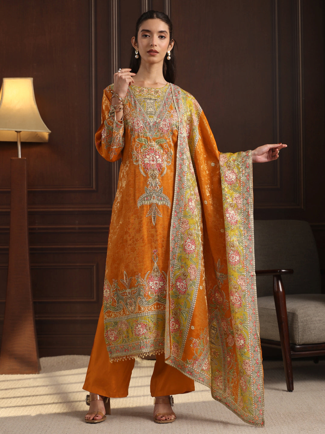 Libas Art Orange Floral Embroidered Chanderi Silk Straight Suit Set