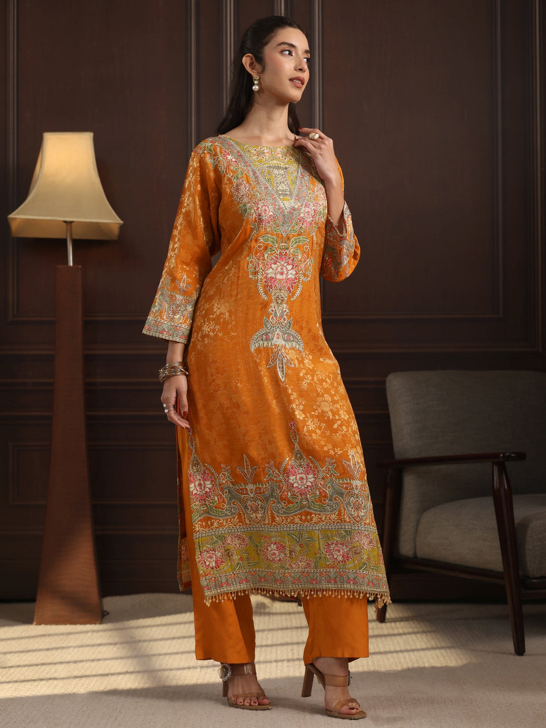 Libas Art Orange Floral Embroidered Chanderi Silk Straight Suit Set