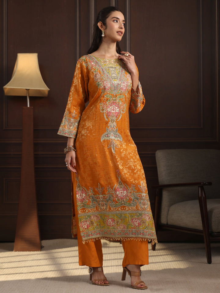 Libas Art Orange Floral Embroidered Chanderi Silk Straight Suit Set