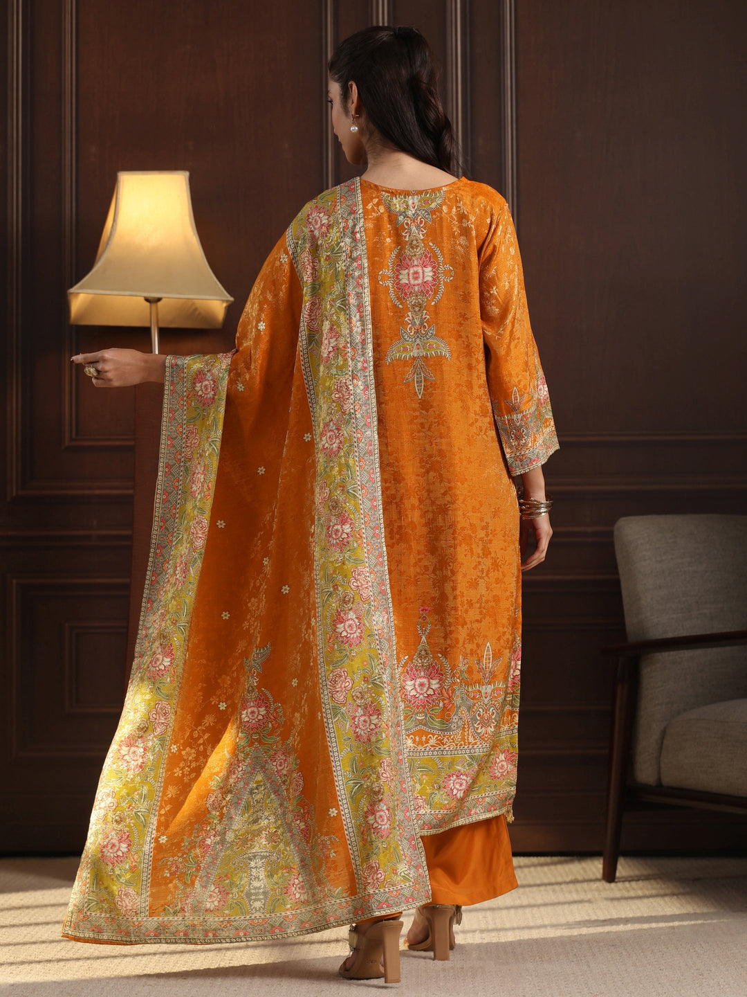 Libas Art Orange Floral Embroidered Chanderi Silk Straight Suit Set