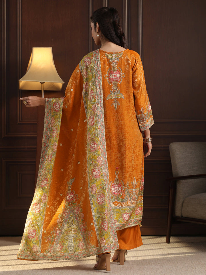 Libas Art Orange Floral Embroidered Chanderi Silk Straight Suit Set