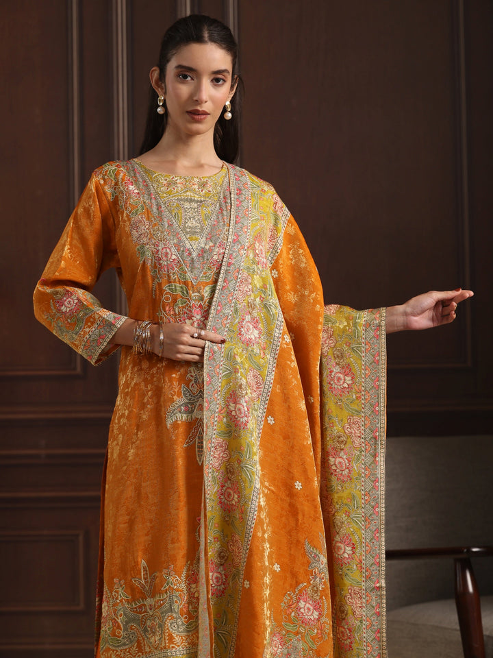 Libas Art Orange Floral Embroidered Chanderi Silk Straight Suit Set