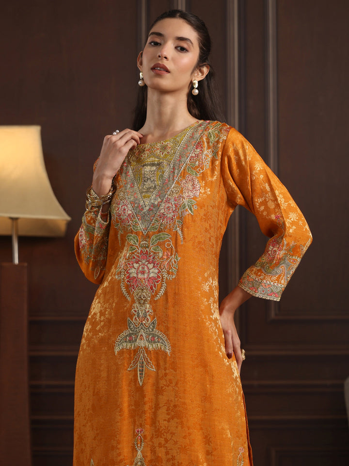 Libas Art Orange Floral Embroidered Chanderi Silk Straight Suit Set