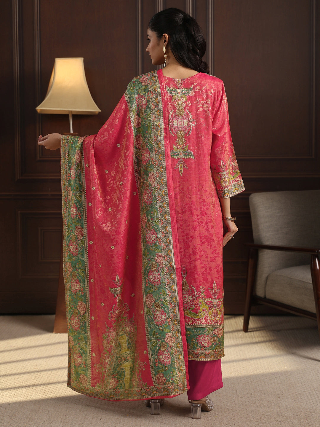 Libas Art Pink Floral Embroidered Chanderi Silk Straight Suit Set
