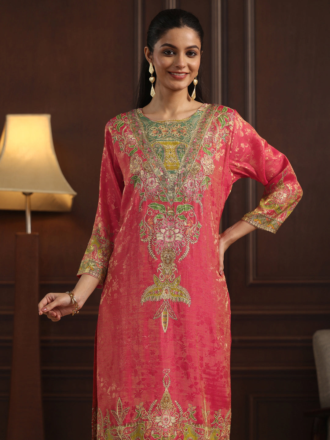Libas Art Pink Floral Embroidered Chanderi Silk Straight Suit Set