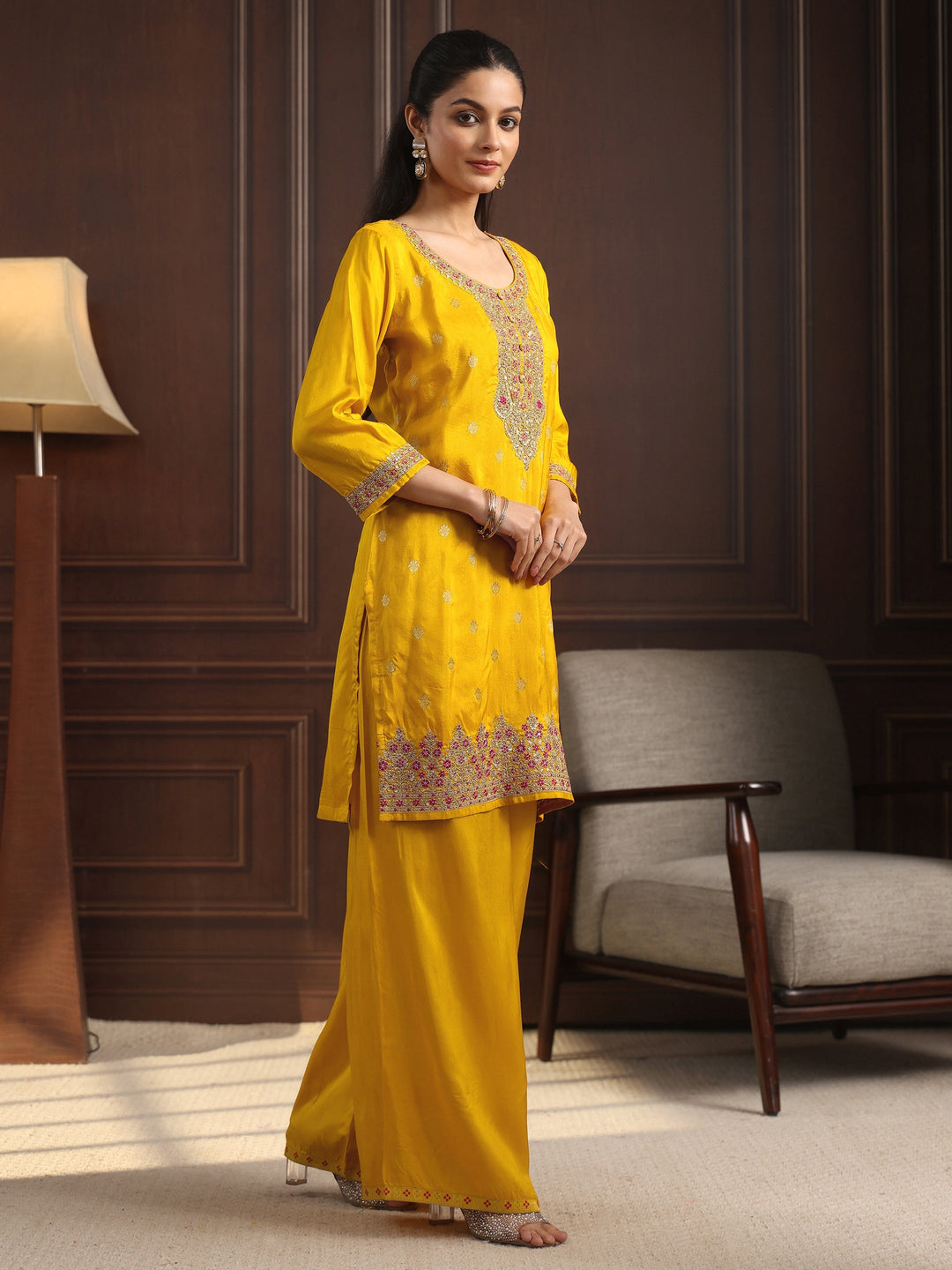 Libas Mustard Floral Embroidered Silk Blend Palazzo Suit Set
