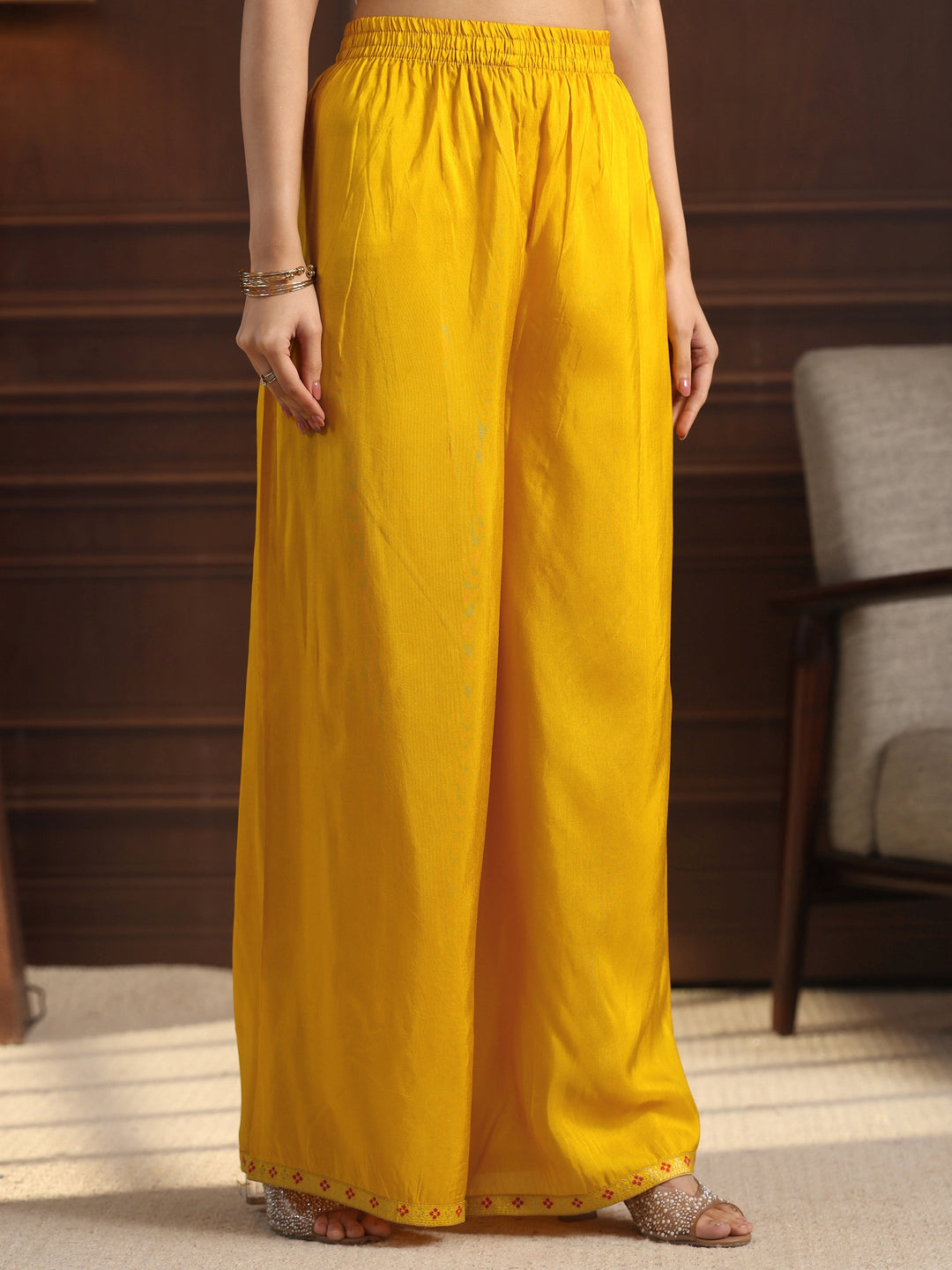 Libas Mustard Floral Embroidered Silk Blend Palazzo Suit Set