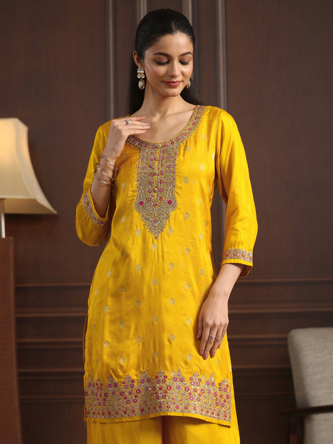 Libas Mustard Floral Embroidered Silk Blend Palazzo Suit Set