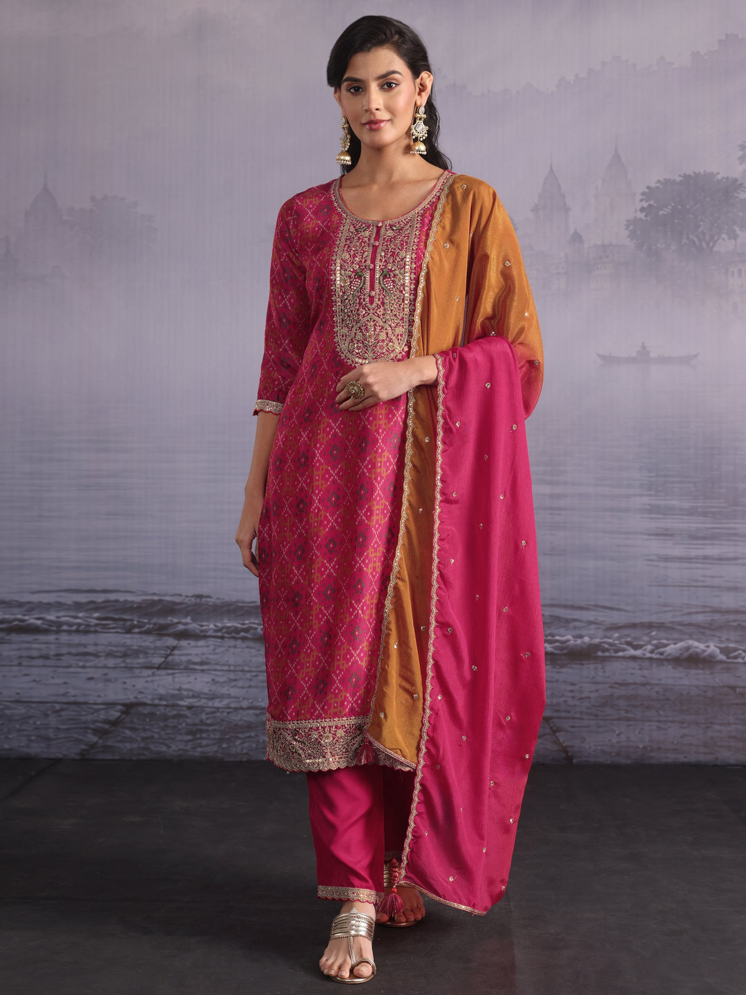Libas Pink Ethnic Printed Silk Blend Straight Suit Set