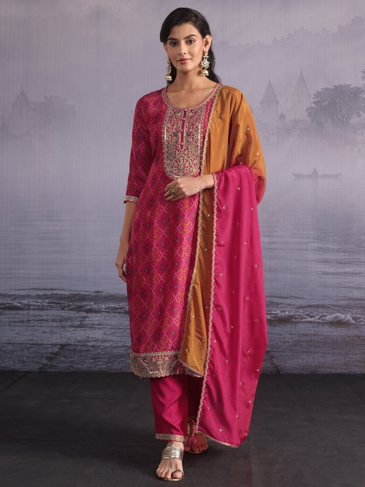 Libas Pink Ethnic Printed Silk Blend Straight Suit Set
