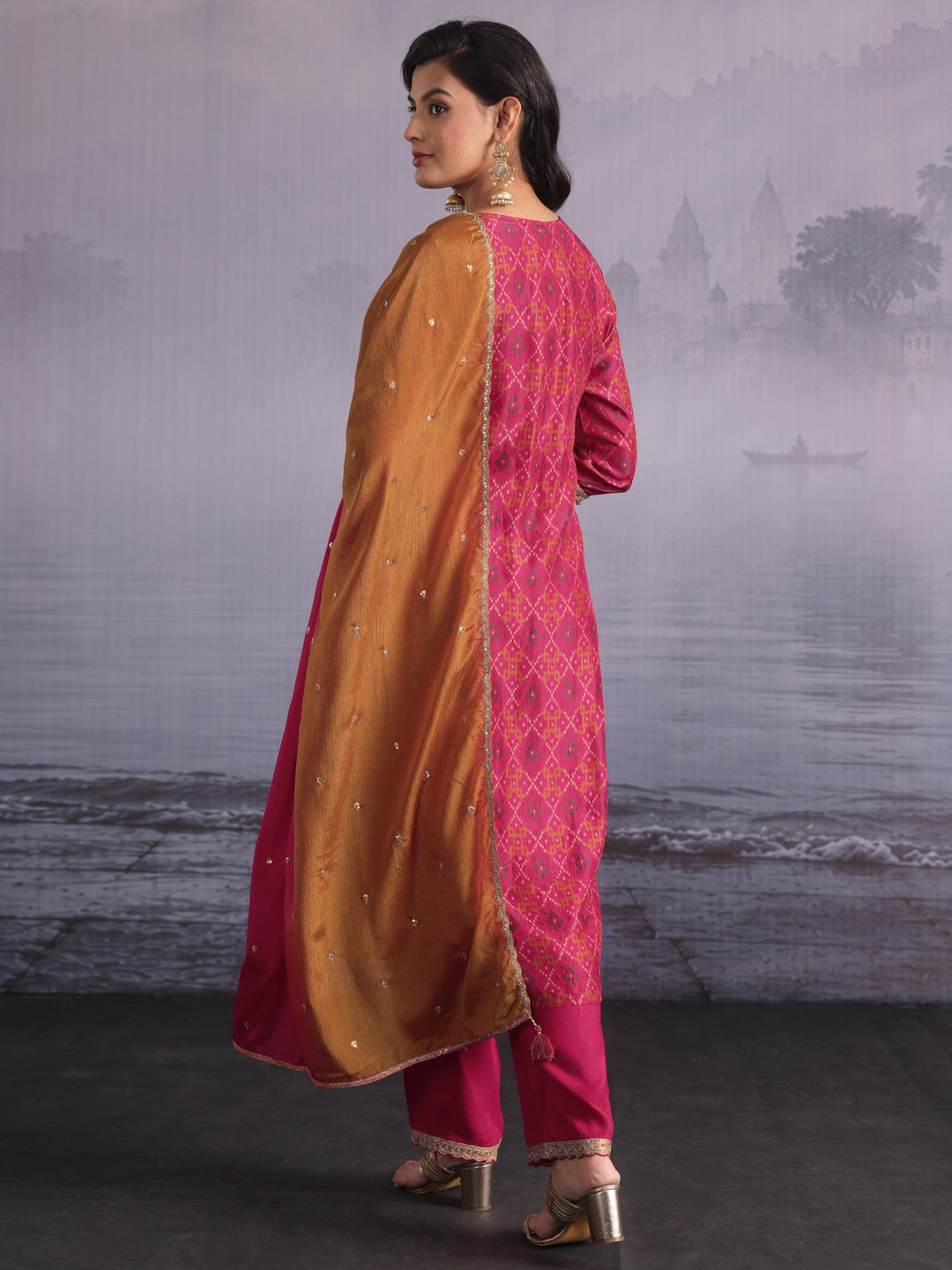 Libas Pink Ethnic Printed Silk Blend Straight Suit Set