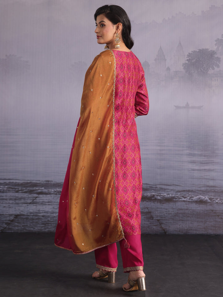 Libas Pink Ethnic Printed Silk Blend Straight Suit Set