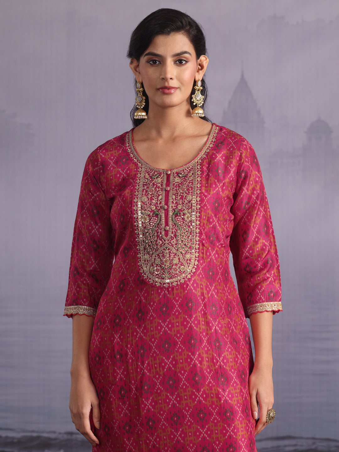 Libas Pink Ethnic Printed Silk Blend Straight Suit Set