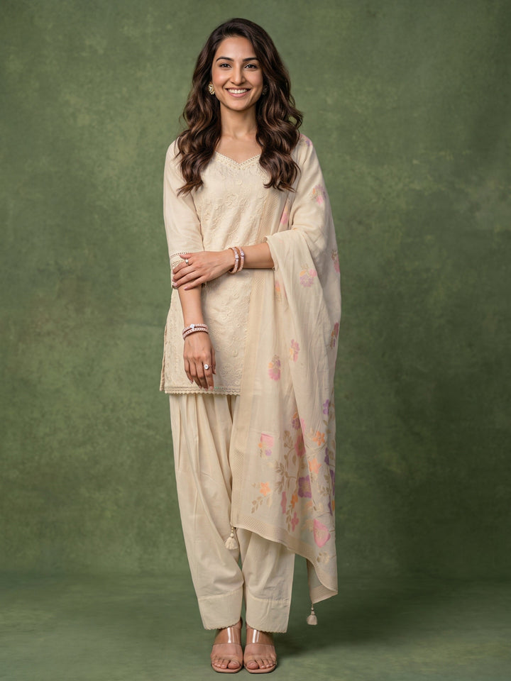 Libas Off White Floral Embroidered Cotton Farshi Salwar Suit
