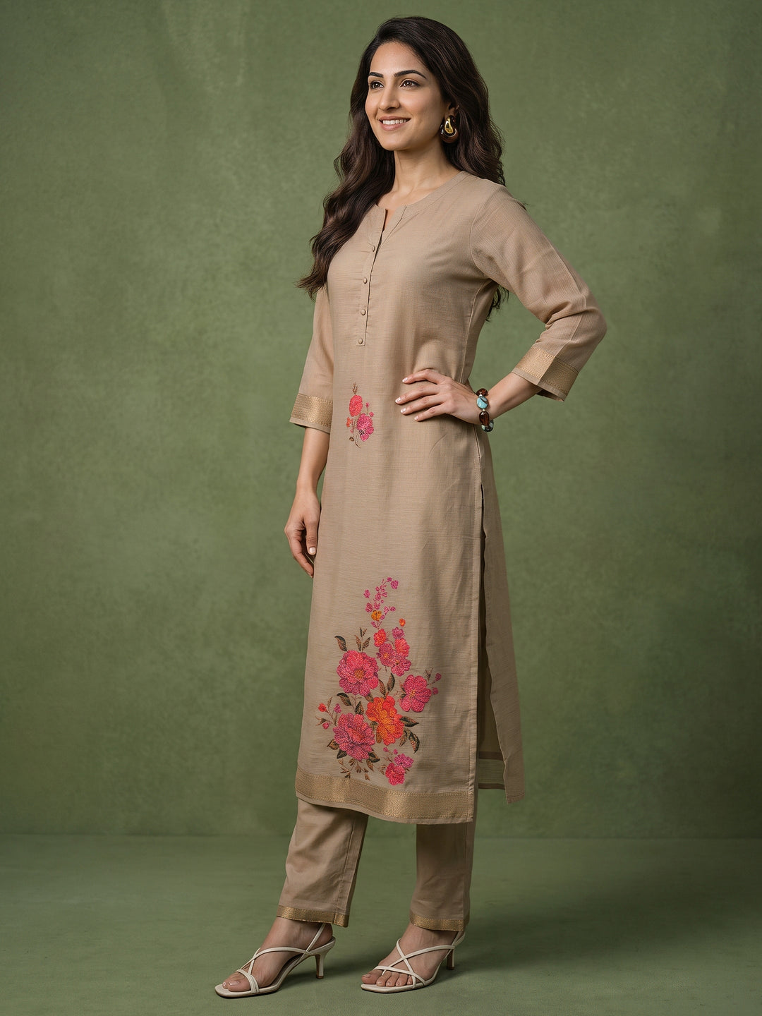Libas Light Taupe Floral Printed Silk Blend Straight Suit Set