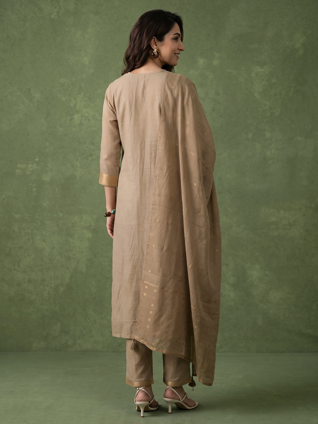 Libas Light Taupe Floral Printed Silk Blend Straight Suit Set