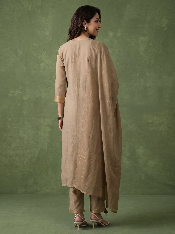Libas Light Taupe Floral Printed Silk Blend Straight Suit Set