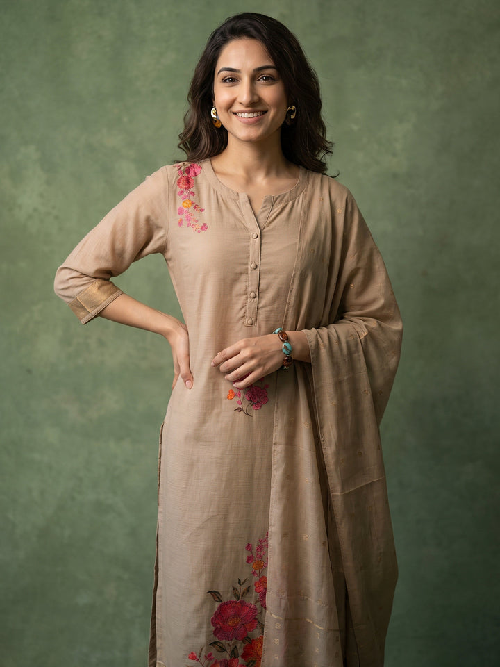 Libas Light Taupe Floral Printed Silk Blend Straight Suit Set