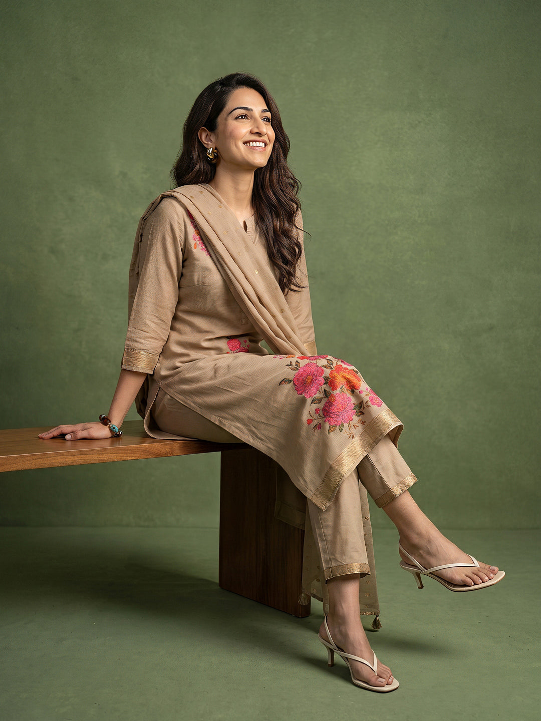 Libas Light Taupe Floral Printed Silk Blend Straight Suit Set