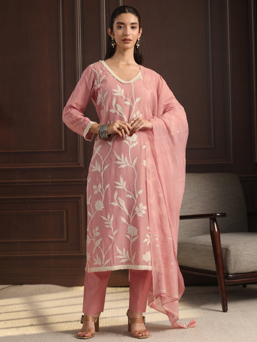 Libas Dusty Pink Floral Embroidered Chanderi Silk Straight Suit Set