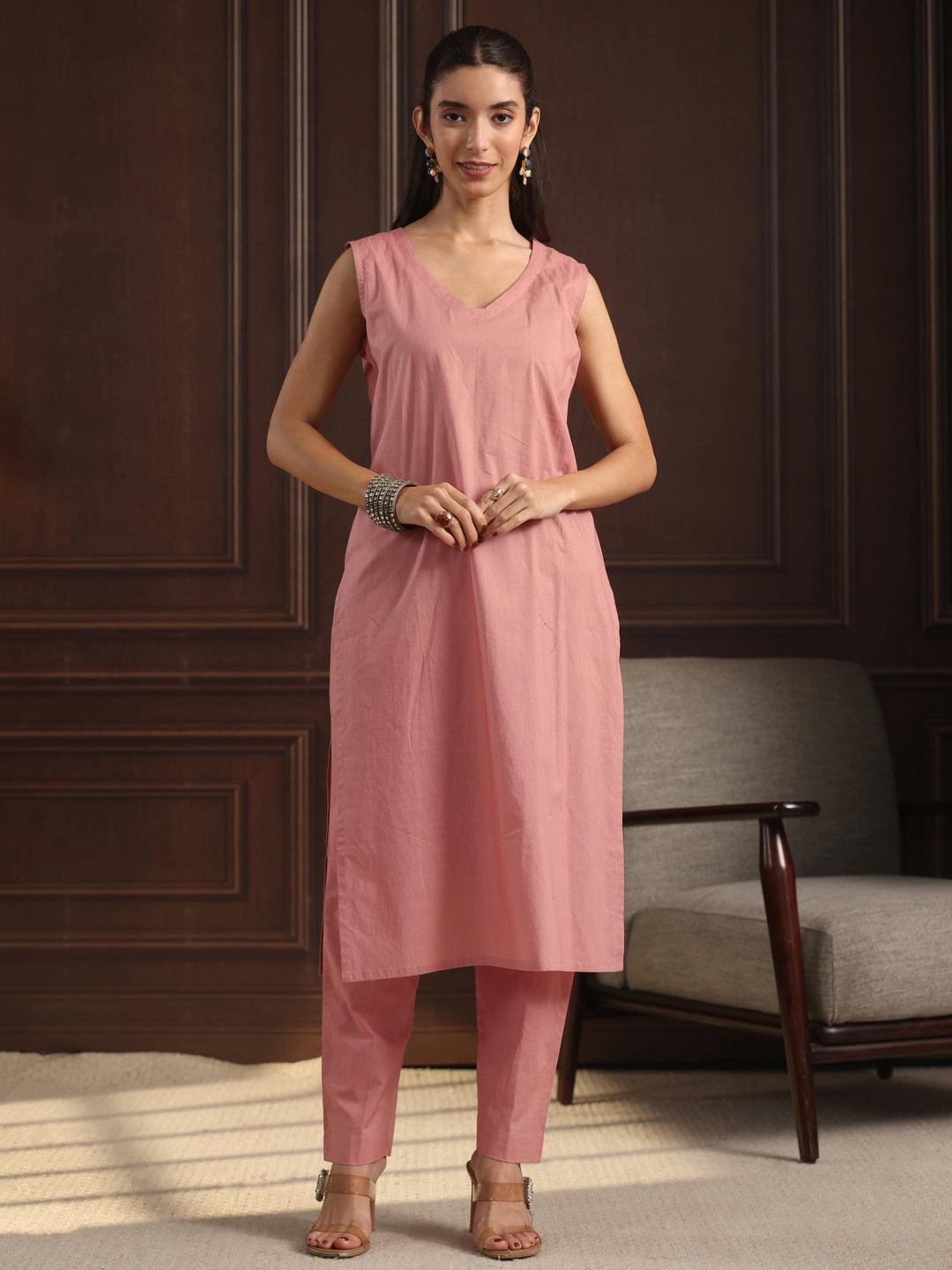 Libas Dusty Pink Floral Embroidered Chanderi Silk Straight Suit Set