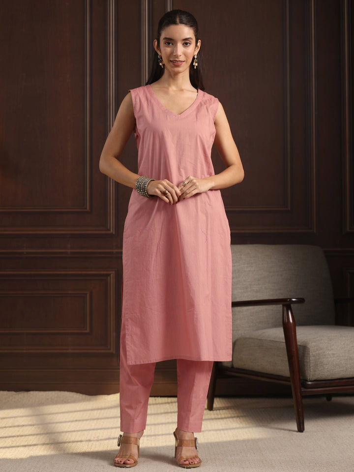 Libas Dusty Pink Floral Embroidered Chanderi Silk Straight Suit Set