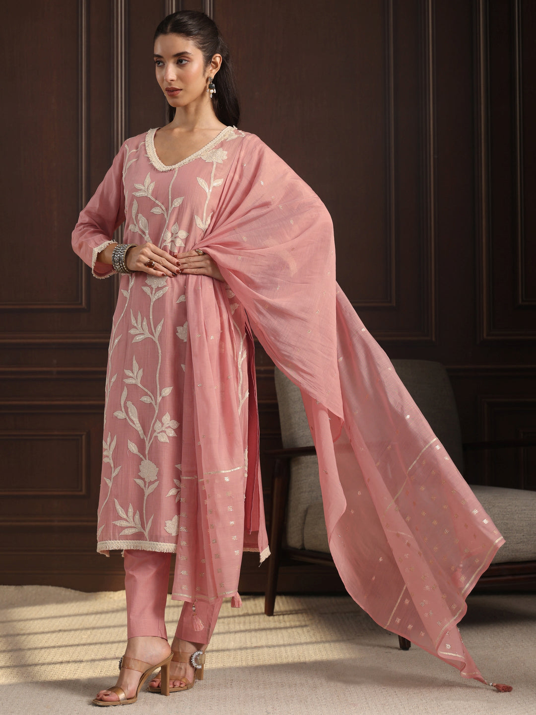 Libas Dusty Pink Floral Embroidered Chanderi Silk Straight Suit Set